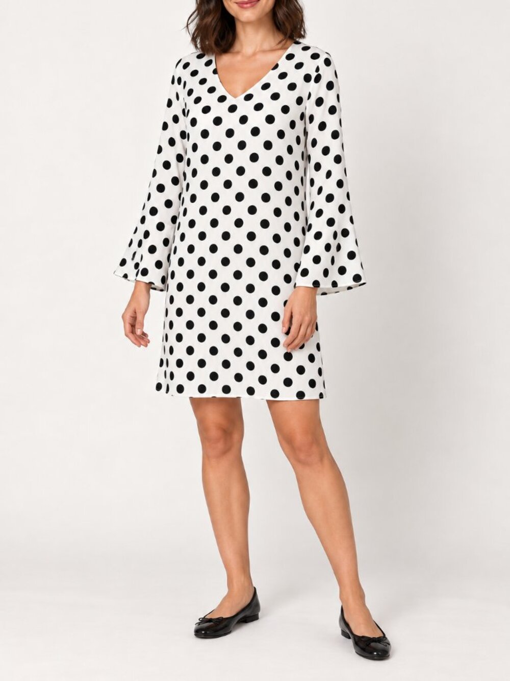 Polka Dot Shift Dress Love Sadie Small Black White V Neck Bell Sleeves Mod Lined